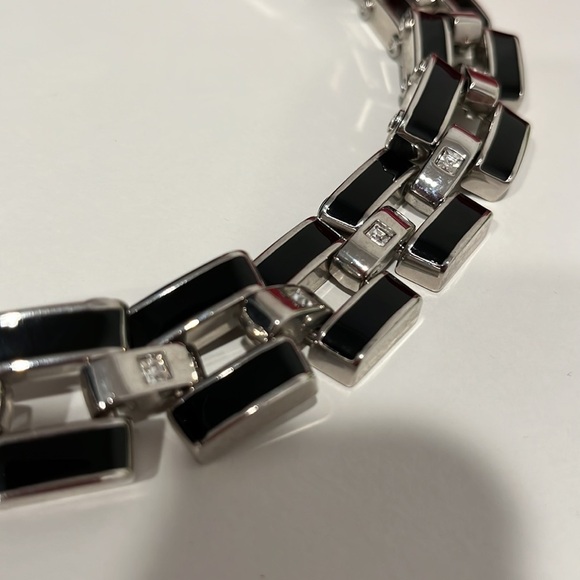 White House Black Market Square Enamel Necklace Black Silver Chain Link 18” - Picture 2 of 5